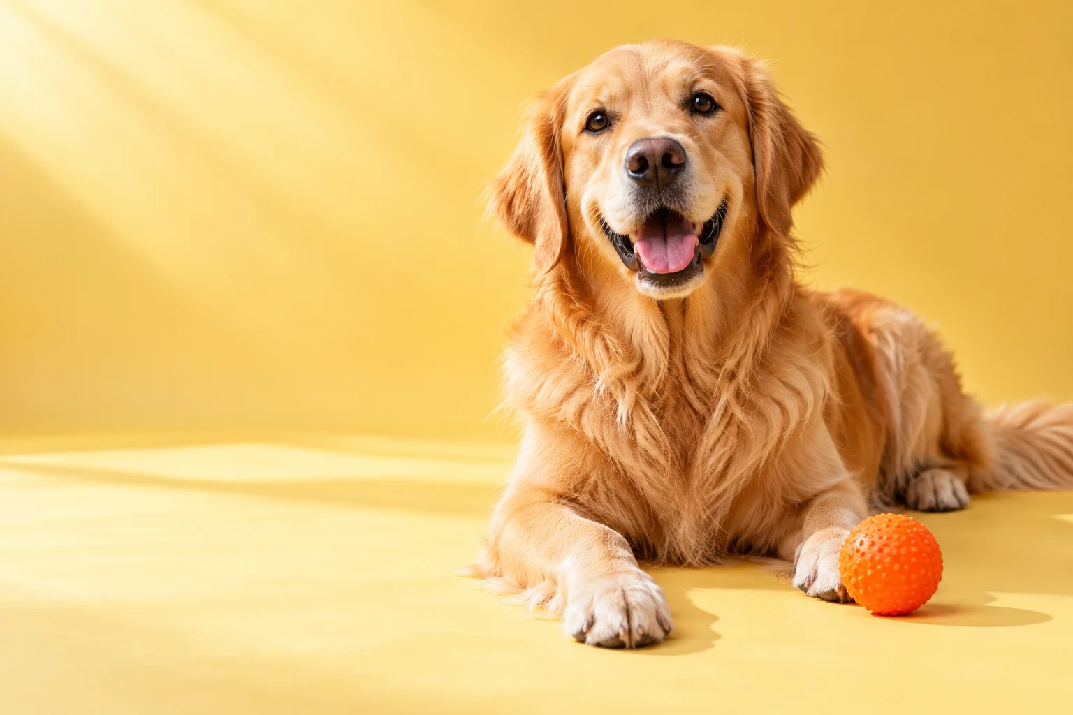 Radosny golden retriever z pomarańczową piłką na słonecznym, żółtym tle